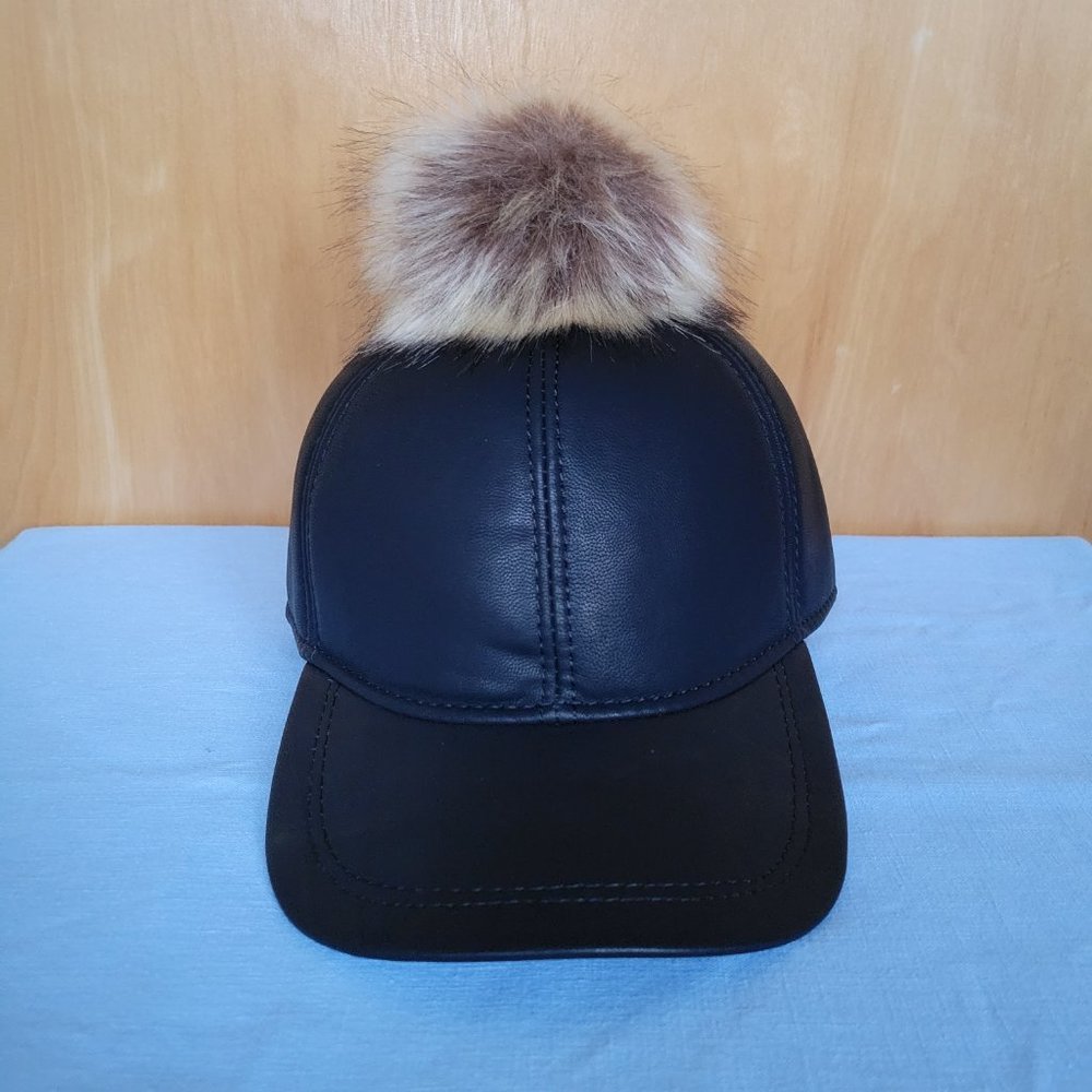 NEW Black Leather Baseball Hat Adjustable Back Strap with Removeable Fur Pom Pom - Picture 6 of 7